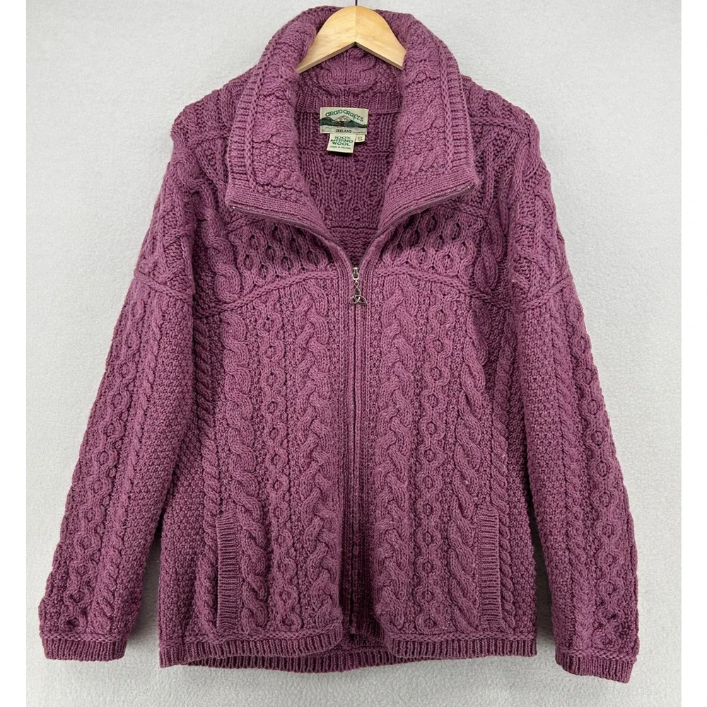 ARAN CRAFTS Sweater Womens S Merino Wool Fisherman Cardigan Zip Up Purple